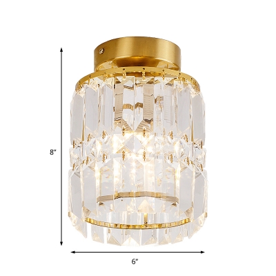 Gold Cylinder Flush Ceiling Light Modern Elegant Gold Clear Crystal LED Ceiling Lamp for Foyer Hallway