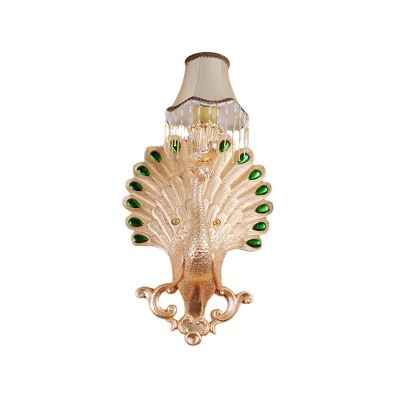 Gold Peacock Wall Mounted Light with White Fabric Shade Single Light Country Style Wall Lamp