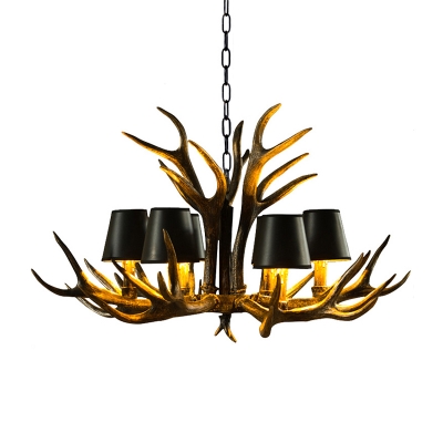 Living Room Chandelier Lamp with Black Cone Shade and Antlers Vintage 6/8/10/12/15-Head Hanging Light