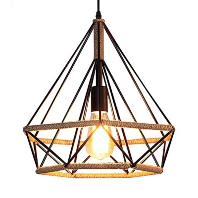 Loft Industrial Plug In Pendant Light with Wire Cage 1 Light Metal and Rope Drop Ceiling Light in Black