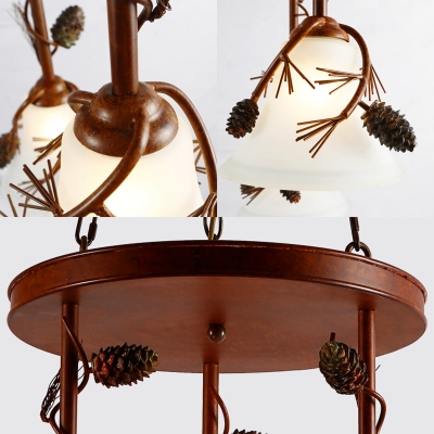 Loft Style Bell Pendant Lighting Frosted Glass 3 Lights Foyer Chandelier Lamp in Red Brown