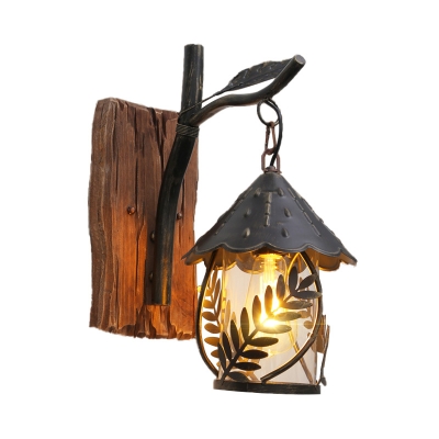 Mini Cylindrical Sconce Light with Leaf Branch Vintage Metal 1 Light Wall Sconce Fixture in Black