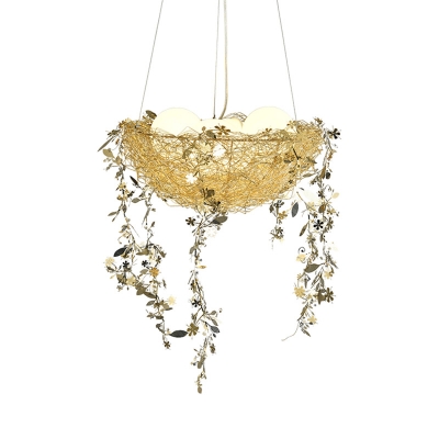 Modernism Bird's Nest Pendant Lamp Metal and Glass 4 Lights Hanging Chandelier Lighting in Gold/Silver