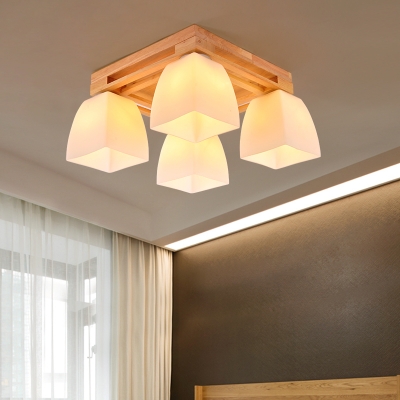 Opal Pyramid Glass Shade Flush Light Contemporary 4/6/9 Lights Ceiling Light Fixture in Wood Finish