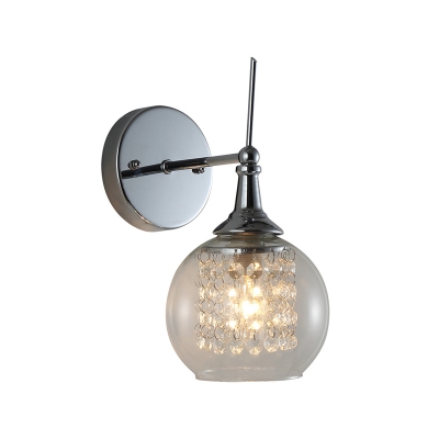 Smoke Gray Glass Globe Wall Lamp Contemporary 1 Light Wall Sconce with Crystal in Chrome Finish