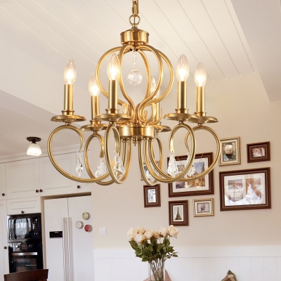 Traditional Candle Hanging Lamp with Curved Arm Metal 6/8 Lights Ceiling Chandelier in Gold