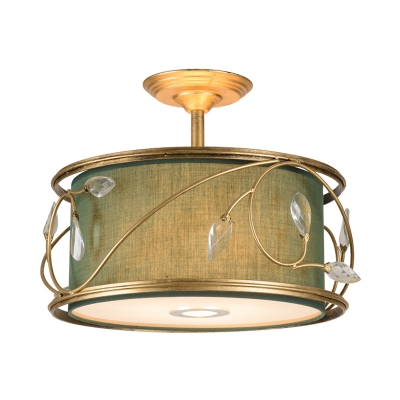 Traditional Round Semi Flush Lighting 3 Bulbs Ceiling Light Fixture with Green/Army Green Fabric Shade