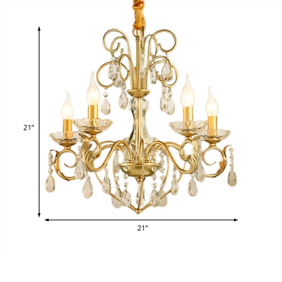 Vintage Candle Pendant Light Metal and Crystal 5/8 Lights Height Adjustable Gold Hanging Chandelier