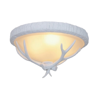 White Antler Flush Lamp Resin 3 Lights Bedroom Ceiling Light with Frosted Glass Shade