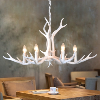 White Antlers Hanging Ceiling Light with Candle Modern Resin 6 Bulbs Restaurant Chandelier Light Fixture