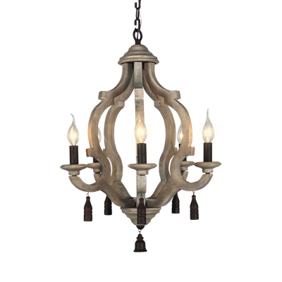 Wood Hanging Ceiling Light with Candle Village Style 5 Lights Ceiling Chandelier in Dark Wood/Wood/White