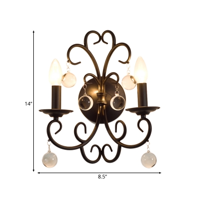 2 Lights Candle Wall Sconce Lighting Industrial Metal Wall Lamp in Black with Clear Crystal