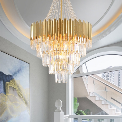 5-Tier Crystal Hanging Chandelier Mid-Century Metal Chandelier Pendant Light in Gold for Indoor