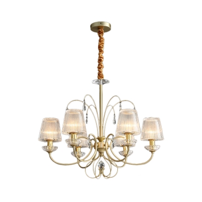 6/8/10 Lights Cone Chandelier Lamp Clear Ribbed Glass Shade Modern Hanging Ceiling Light in Gold