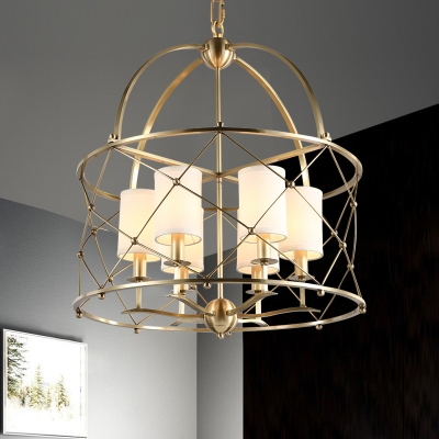 6 Lights Cylinder Chandelier Antique Style White Fabric Shade Suspension Lamp with Brass Metal Frame