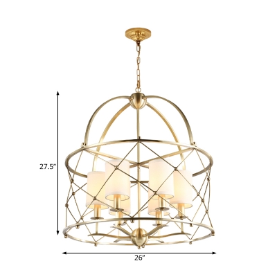 6 Lights Cylinder Chandelier Antique Style White Fabric Shade Suspension Lamp with Brass Metal Frame