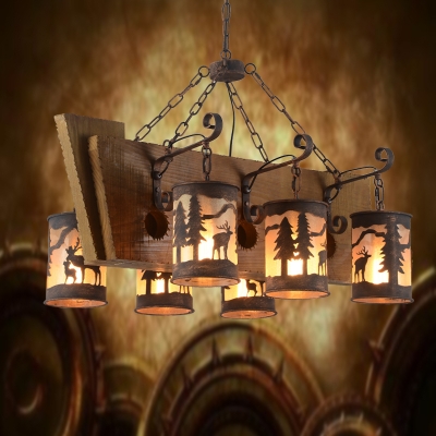 6 Lights Deer Hanging Light Country Style Wood and Metal Chandelier Lighting in Rust Finish