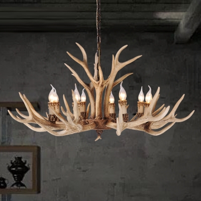 8/12/24/28-Head Antlers Hanging Lamp with Candle Countryside Resin Chandelier Light Fixture in Light Brown