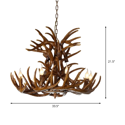 Antlers Pendant Light with Candle Vintage Resin 9 Bulbs Chandelier in Brown for Living Room