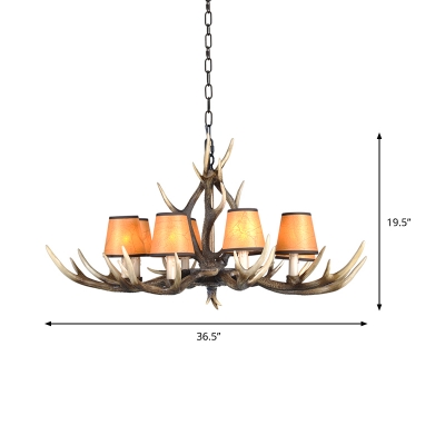 Balcony Conical Hanging Lamp with Antlers Height Adjustable Vintage Fabric 6/8 Lights Pendant Lighting in Dark Brown