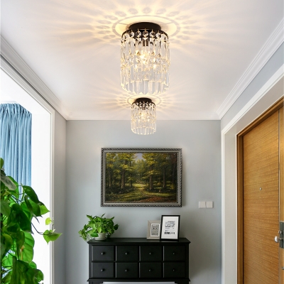 Black/Gold Mini Foyer Flush Lighting with Clear Crystal Shade Single Light Vintage Flushmount