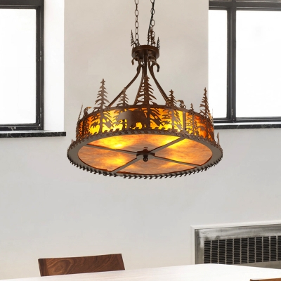 Bronze Round Ceiling Chandelier Village Industrial 3 Lights Mica Shade Hanging Lamp