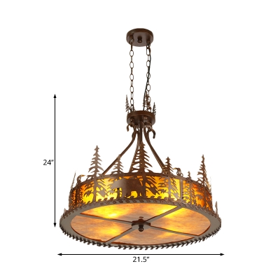 Bronze Round Ceiling Chandelier Village Industrial 3 Lights Mica Shade Hanging Lamp