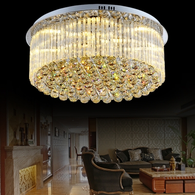 Clear Crystal Drum Flush Mount Light Dining Room Contemporary LED Ceiling Lamp in Chrome