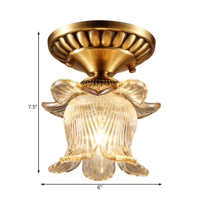 Clear Ribbed Glass Lotus Ceiling Light 1 Light Vintage Semi Flush Ceiling Lamp in Brass