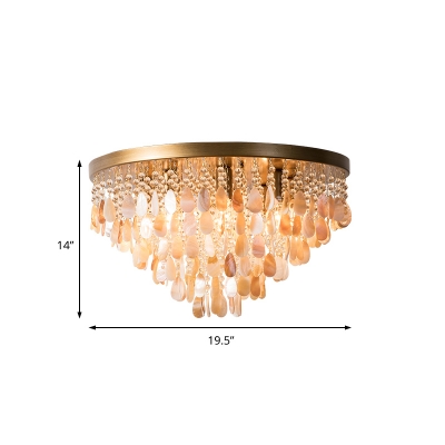 Cone Shape Flush Mount Light Contemporary Crystal Bead and Shell Ceiling Lamp in Brass for Study Room