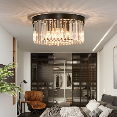 Contemporary Black LED Flush Mount Light Drum Shape 4/6/8 Lights Clear Crystal Ceiling Lamp for Bedroom