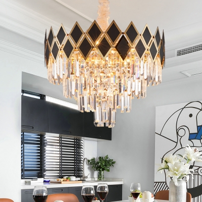 Contemporary Tiered Hanging Light Clear Faceted Crystal 8 Bulbs Pendant Light in Black and Gold
