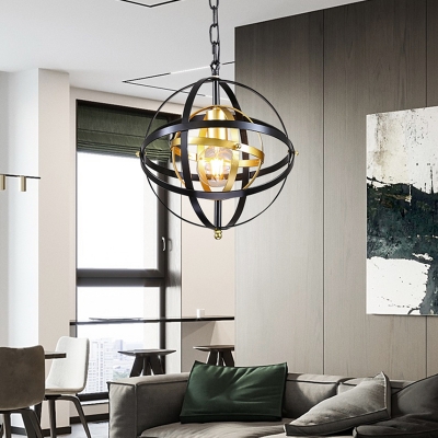Country Style Spherical Pendant Light with Chain 1 Light Black and Gold Pendant Lamp