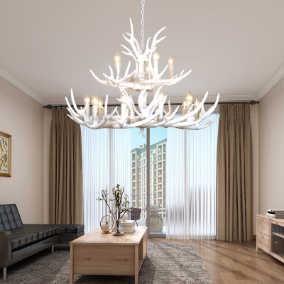 Countryside Tiered Chandelier Lighting with Antlers Resin 4/6/8/10/15 Lights Hanging Lamp in White