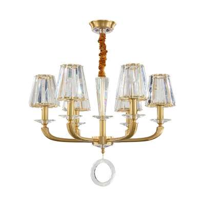 Crystal Cone Shade Pendant Mid-Century Modern 6 Light Hanging Chandelier in Brass for Indoor