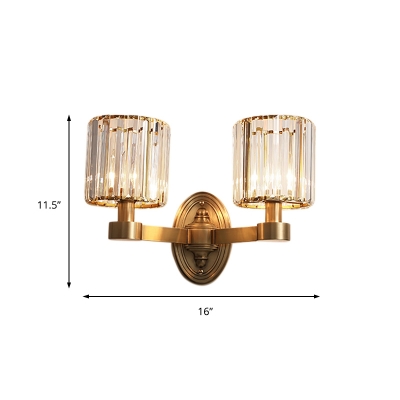 Crystal Prism Cylindrical Wall Mount Lamp Modern 1/2 Head Living Room Wall Light in Brass