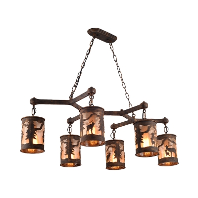 Cylinder Island Chandelier Light with Metal and Fabric Shade 3/5/6 Lights Rustic Hanging Lamp in Rust