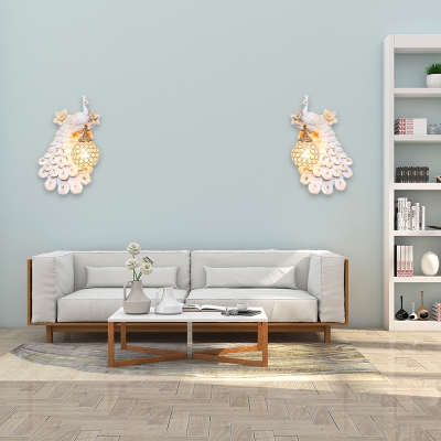 Double/Right/Left Peacock Wall Mounted Light Resin Loft 1/2-Pack Wall Lamp with Dome Crystal Lampshade in White/Blue/Gold Finish