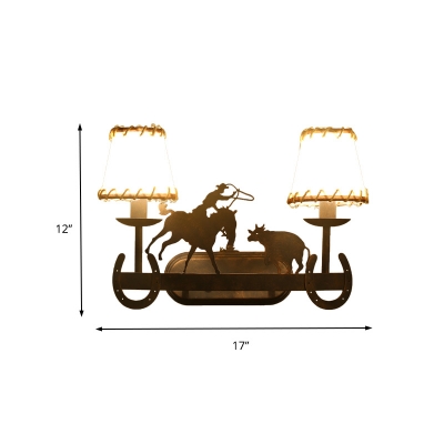 Fabric Trapezoid Lighting Sconce with Animal Decoration Vintage 2 Lights Wall Sconce Light in Rust