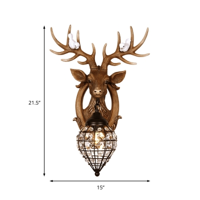 Resin Deer Wall Lamp 1 Head Contemporary Metal Lantern Wall Sconce Lighting with Crystal in White/Brown