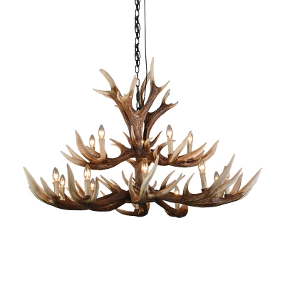 Restaurant Antlers Ceiling Chandelier with Bare Bulb Country Resin 6/8/10/12/15 Lights Pendant Lighting in Light Brown