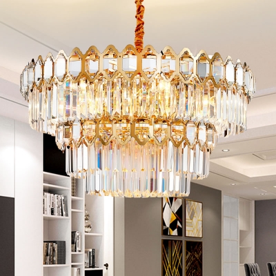 Tiered Round Pendant Lighting Clear Faceted Crystal 8 Bulbs Modern Hanging Ceiling Light in Gold