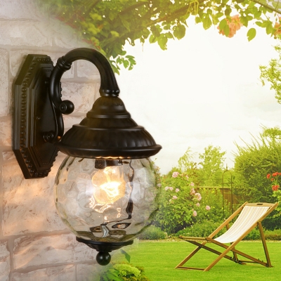 Water Glass Globe Wall Sconce Lighting Rustic 1 Head Wall Sconce in Black for Outdoor