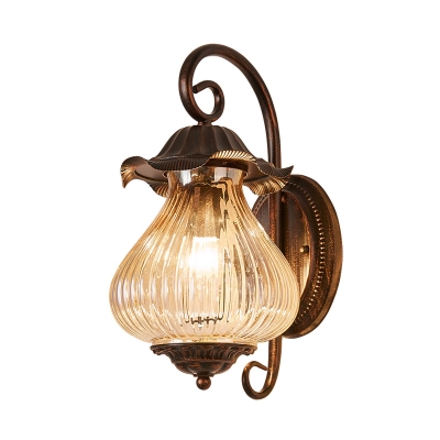 Weathered Copper Lantern Sconce Wall Lighting 1 Head Rustic Pressed Ribbed Glass Wall Sconce for Porch