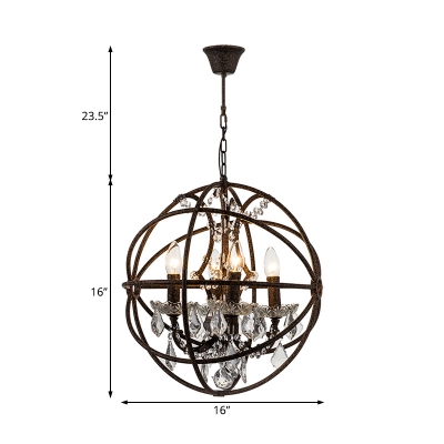 Wire Globe Chandelier Lighting Country Style 4 Lights Rust Hanging Light with Crystal Accents