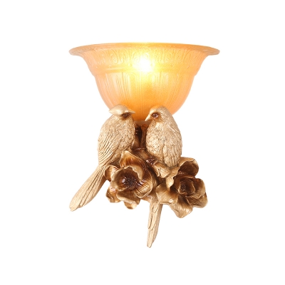 1 Light Flared Wall Lamp Country Style Frosted Glass Wall Sconce Lamp in Gold with Bird Decoration
