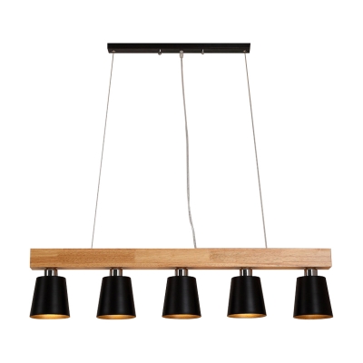 3/5 Lights Cone Pendant Lamp Nordic Style Metal Black/White Chandelier Light with Linear Wooden Beam