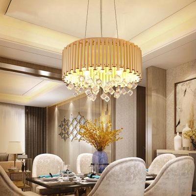 4/5 Lights Drum Hanging Pendant Light with Crystal Cube Modern Chandelier Light in Brass, 16