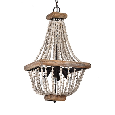 4 Lights Beaded Pendant Lamp French Country Wooden Chandelier Light with Metal Chain in Black
