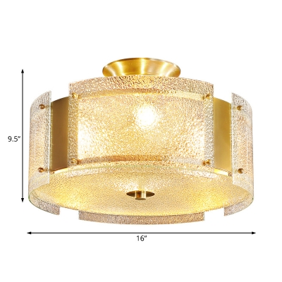 4 Lights Drum Semi Flush Light Clear Dimple Glass Vintage Bedroom Ceiling Lighting in Brass